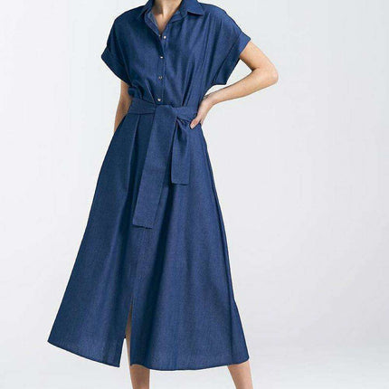 Chic Cotton Denim Midi Dress With Kimono Sleeves Snap