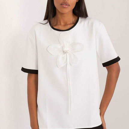 Zirconia-Embellished Floral Cotton Blouse