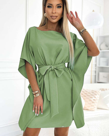 Olive Green Butterfly Dress with Belt by Numoco