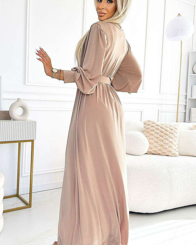 Elegant Sapphire Blue Maxi Dress with Side Slit and Stylish Wide Belt