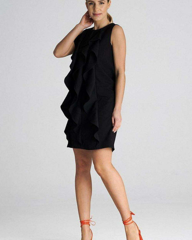 Chic Sleeveless Trapeze Cocktail Dress with Ruffle Accents