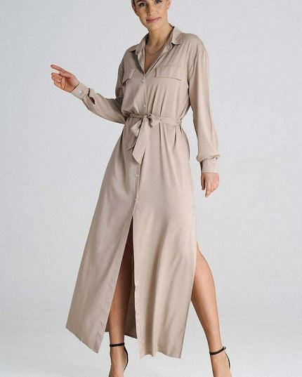 Chic Maxi Shirt Dress with Tailored Collar and Buttoned Sleeves