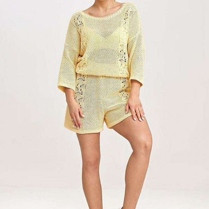 Chic Lace-Trimmed Knit Blouse and Shorts Set