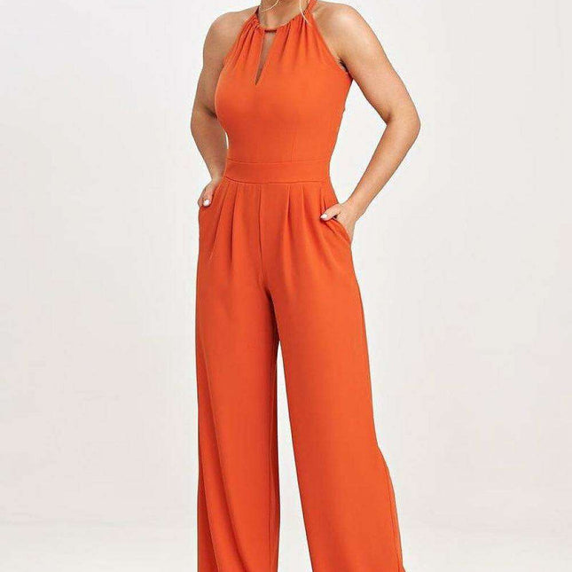 Elegant Sleeveless Wide-Leg Jumpsuit with Stylish Neck Tie Detail