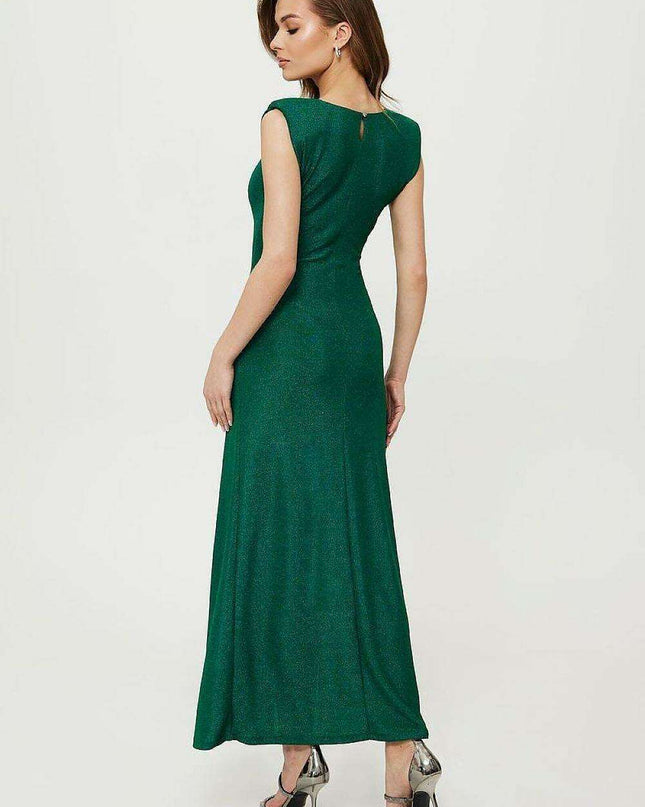 Sophisticated Metallic Thread Evening Dress with Dramatic High Slit