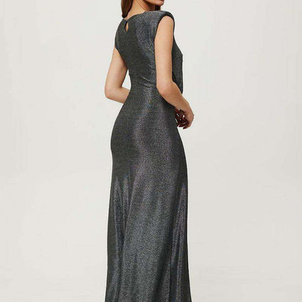 Sophisticated Metallic Thread Evening Dress with Dramatic High Slit