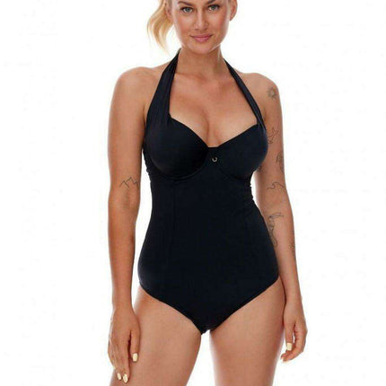 Elegant Black Ruching Swimwear with Open Back and Bust-Enhancing Cups