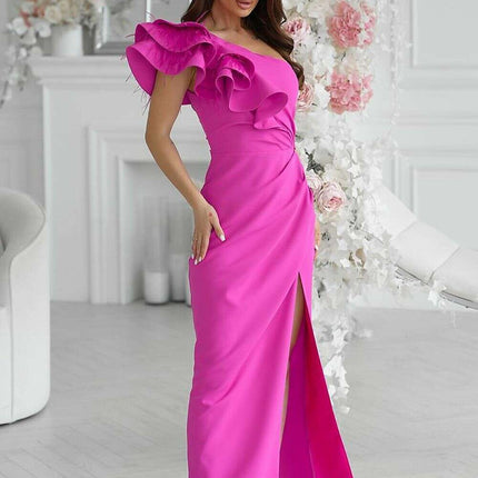 Feathered Asymmetrical Evening Dress