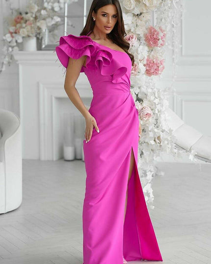 Feathered Asymmetrical Evening Dress