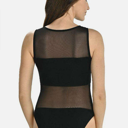 Elegant Black Viscose Bodysuit with Mesh Accents