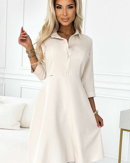 Indigo Elegance: Shirred Flared Dress with Belt crafted by Numoco