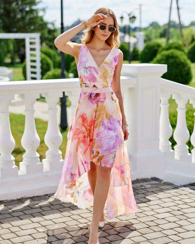 Elegant Floral Chiffon Maxi Dress with Unique Envelope Neckline