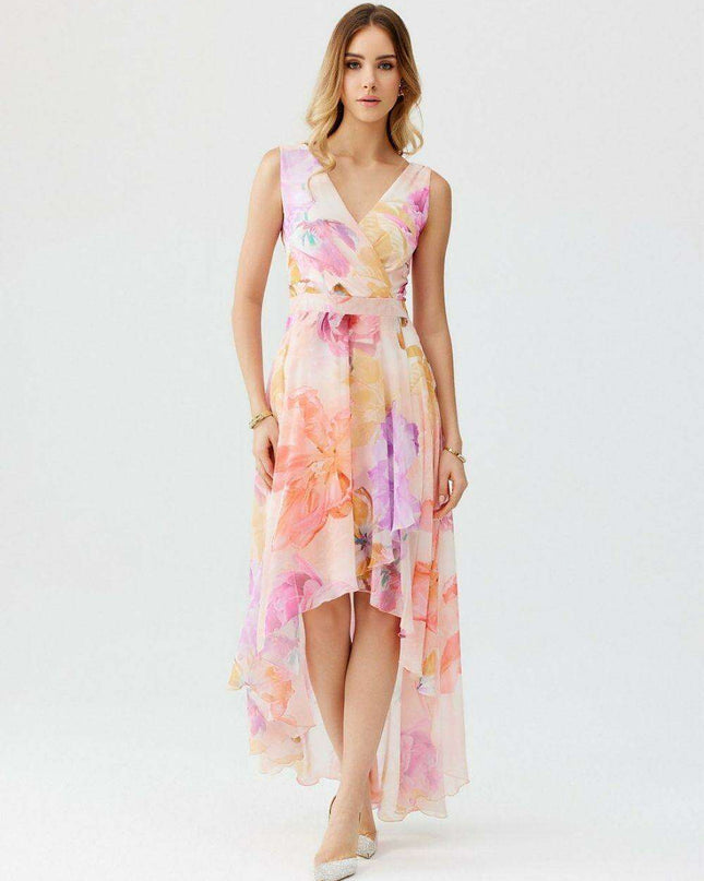 Elegant Floral Chiffon Maxi Dress with Unique Envelope Neckline
