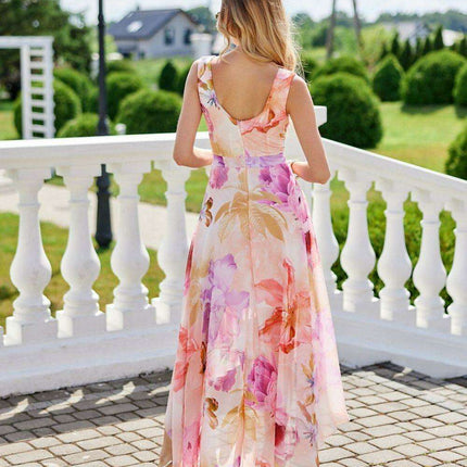 Elegant Floral Chiffon Maxi Dress with Unique Envelope Neckline