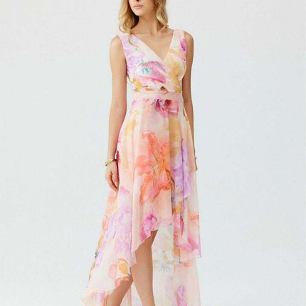 Elegant Floral Chiffon Maxi Dress with Unique Envelope Neckline