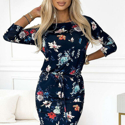 Navy Blue Floral Pocketed Day Dress for Effortless Style