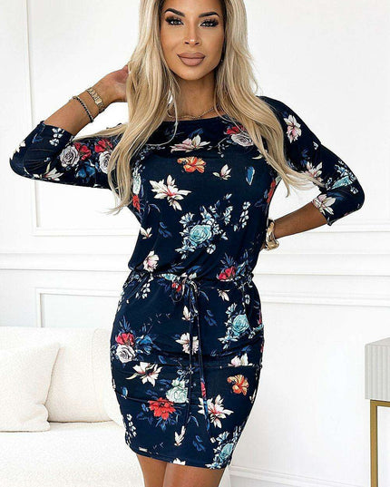Navy Blue Floral Pocketed Day Dress for Effortless Style