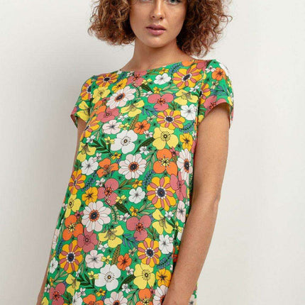 Chic Viscose Midi Dress with Distinctive Pattern Accents