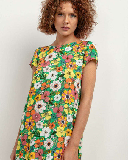 Chic Viscose Midi Dress with Distinctive Pattern Accents