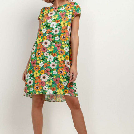 Chic Viscose Midi Dress with Distinctive Pattern Accents