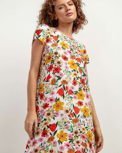 Chic Viscose Midi Dress with Distinctive Pattern Accents