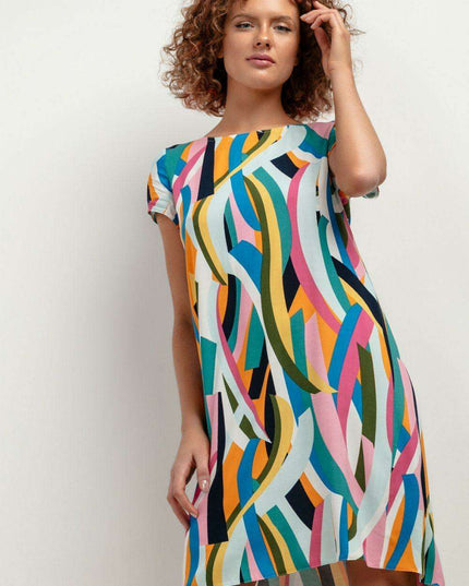 Chic Viscose Midi Dress with Distinctive Pattern Accents