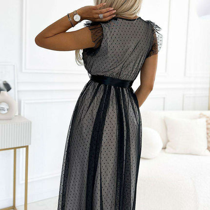 Chic Black Dotted Tulle and Lace Evening Gown by Numoco