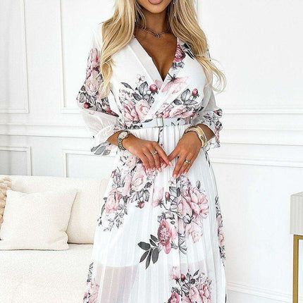 Charming Pink Floral Chiffon Midi Dress - Exquisite European Craftsmanship