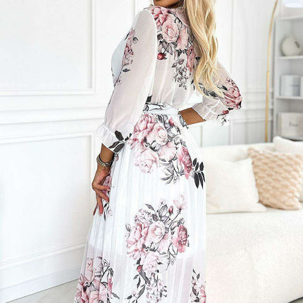 Charming Pink Floral Chiffon Midi Dress - Exquisite European Craftsmanship