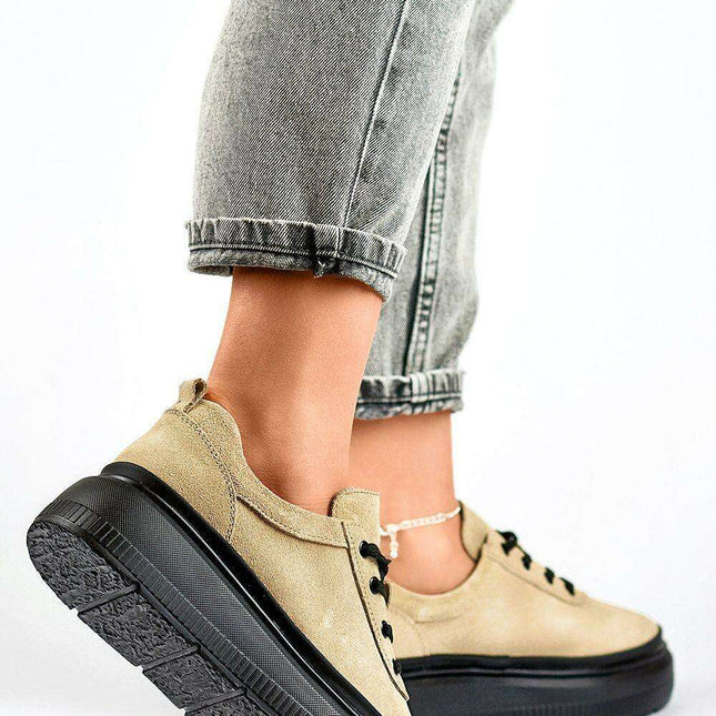 Chic Beige Leather Women's Sport Sneakers
