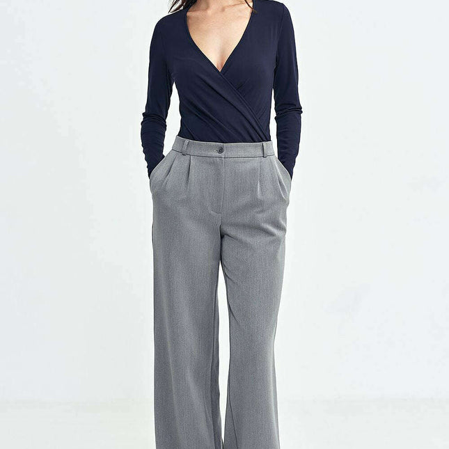 Grey Womens Relaxed Fit Pleated Casual Wide Leg Trousers