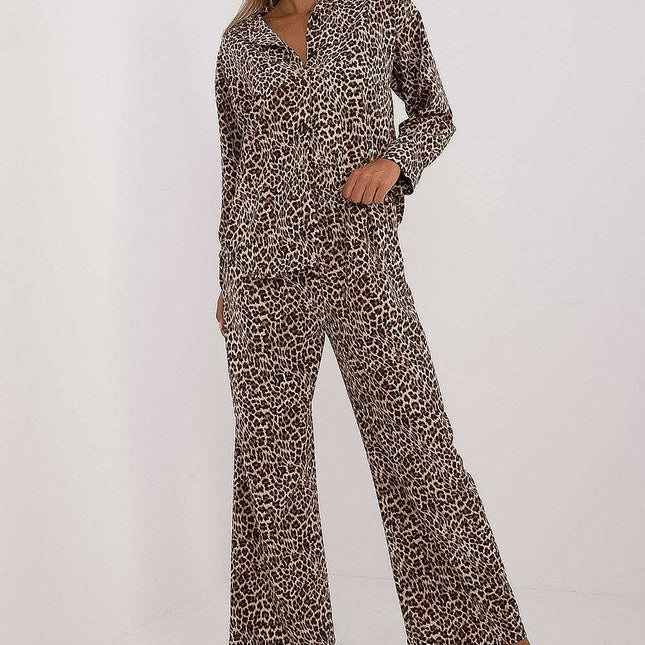 Beige Animal Motif Women Two Piece Set With Shirt And Pants