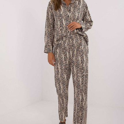 Beige Animal Motif Women Two Piece Set With Shirt And Pants