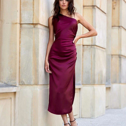 Elegant One-Shoulder Satin Midi Dress with Unique Side Crease Design