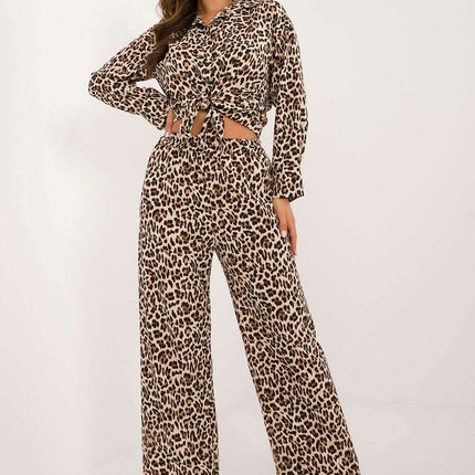 Beige Animal Motif Women Two Piece Set With Shirt And Pants
