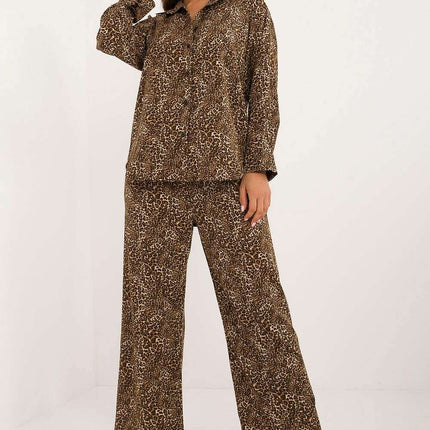 Beige Animal Motif Women Two Piece Set With Shirt And Pants