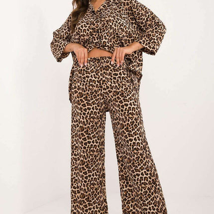 Beige Shirt And Wide Leg Pants Set For Everyday Wear 199958