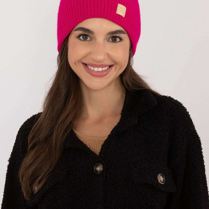 Pink Acrylic Beanie Hat With Discreet Front Patch Detail