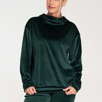 Mint Green Velour Hooded Sweatshirt with High Neck