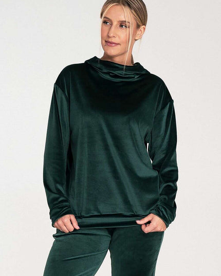 Mint Green Velour Hooded Sweatshirt with High Neck