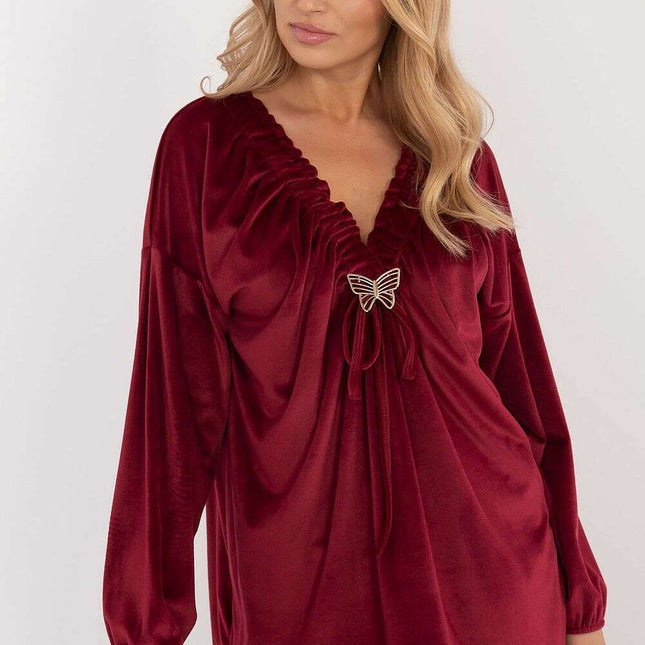 Red Velour Blouse 202015 Bound Neckline For Everyday Use