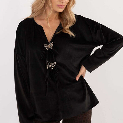 Velour Blouse 202023 With Ties Front And Butterfly Tags