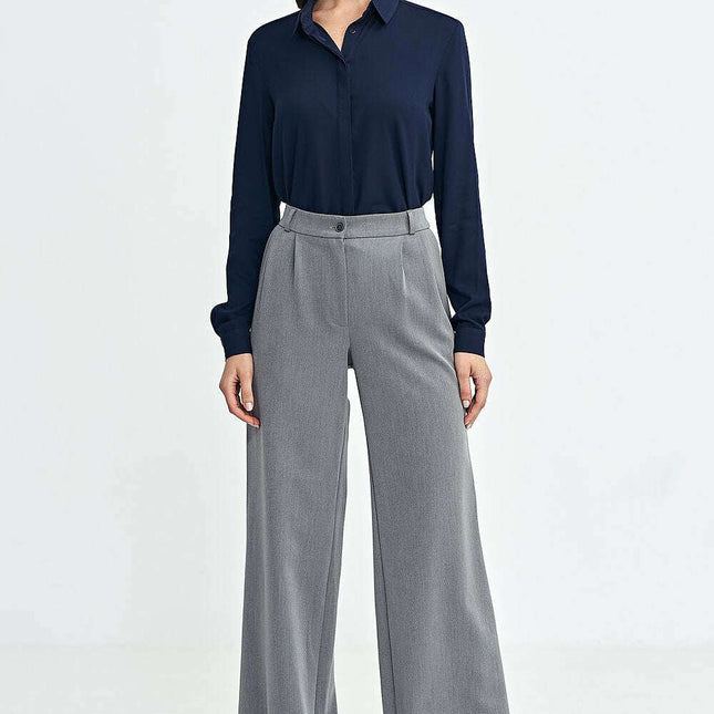 Navy Blue Long Sleeve Shirt Viscose Classic Collar Women