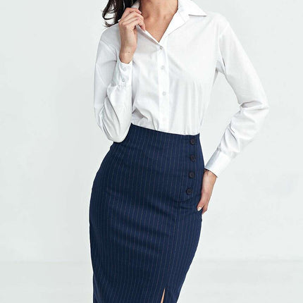 Navy High Waist Knee Length Skirt with Side Button Closure
