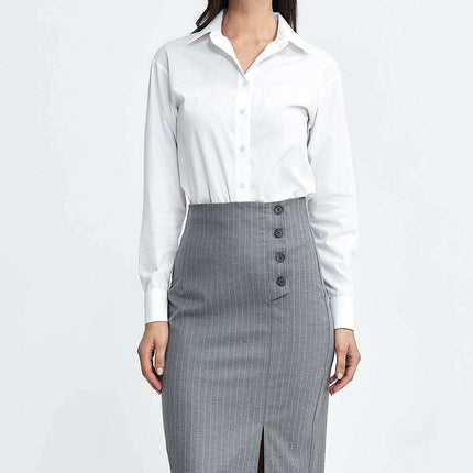 Navy High Waist Knee Length Skirt with Side Button Closure