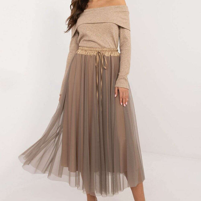 Beige Tulle Midi Skirt 202911 With Adjustable Tie Waist