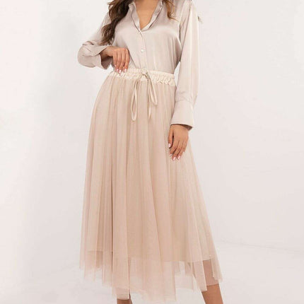 Beige Tulle Midi Skirt 202911 With Adjustable Tie Waist