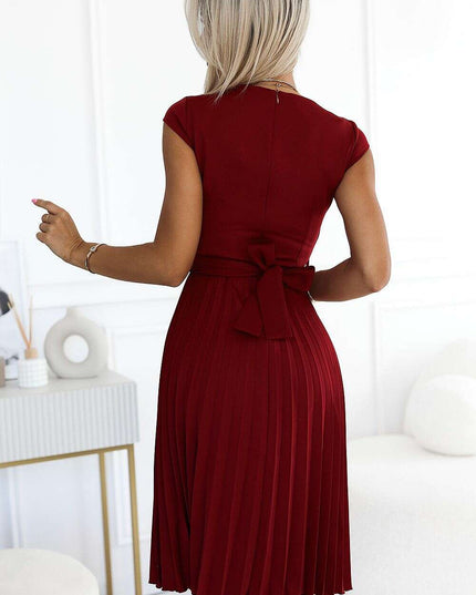 Elegant Beige Pleated Day Dress with Waist Belt