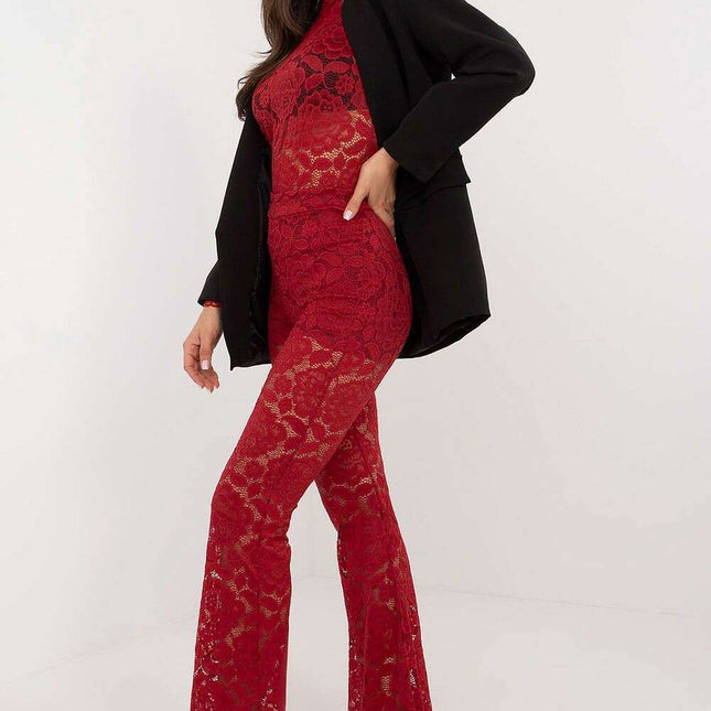 Red Lace Bell Bottom Pants – High-Waisted Formal Trousers