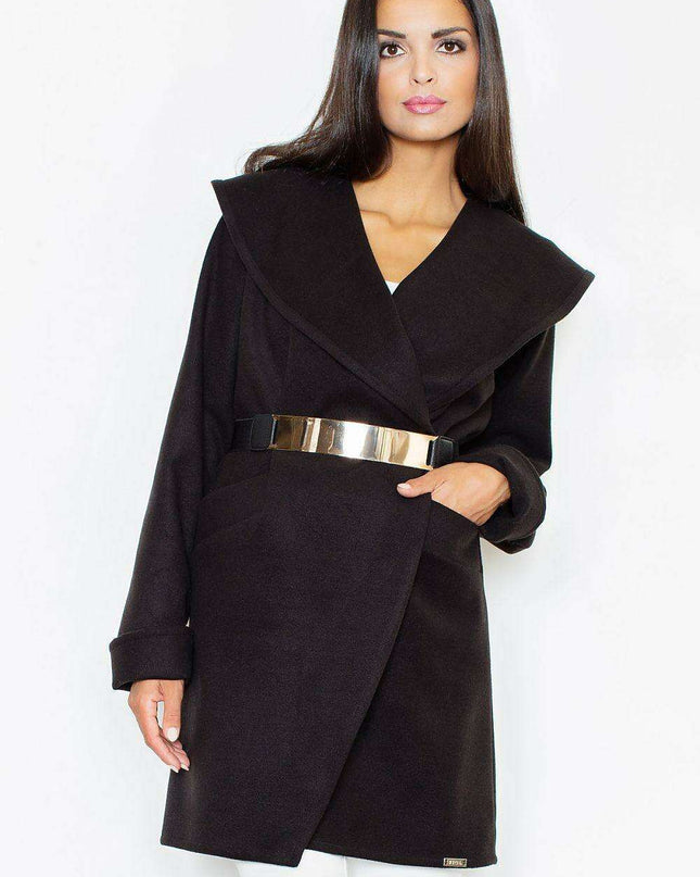 Elegant Knee-Length Knit Coat with Chic Golden Buckle & Stylish Collar